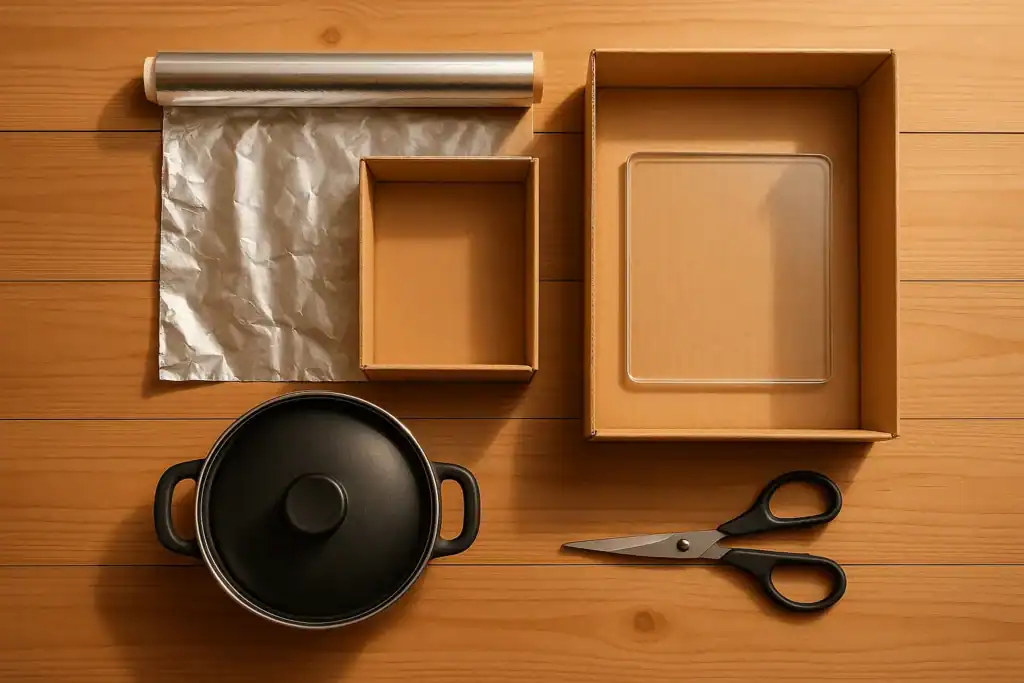 Solar cooker materials including aluminum foil, glass cover, black pot, and cardboard box on wooden surface.
