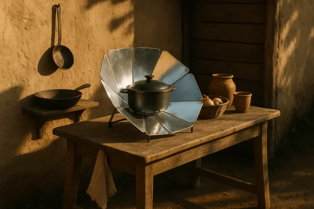 small solar cooker used in an eco-friendly off-grid kitchen