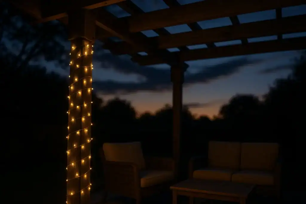 Solar fairy lights wrapped around a pergola creating soft warm evening lighting.