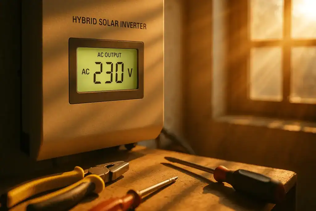 Close-up view of a hybrid solar inverter showing AC output and battery status — Gridova Living educational image.