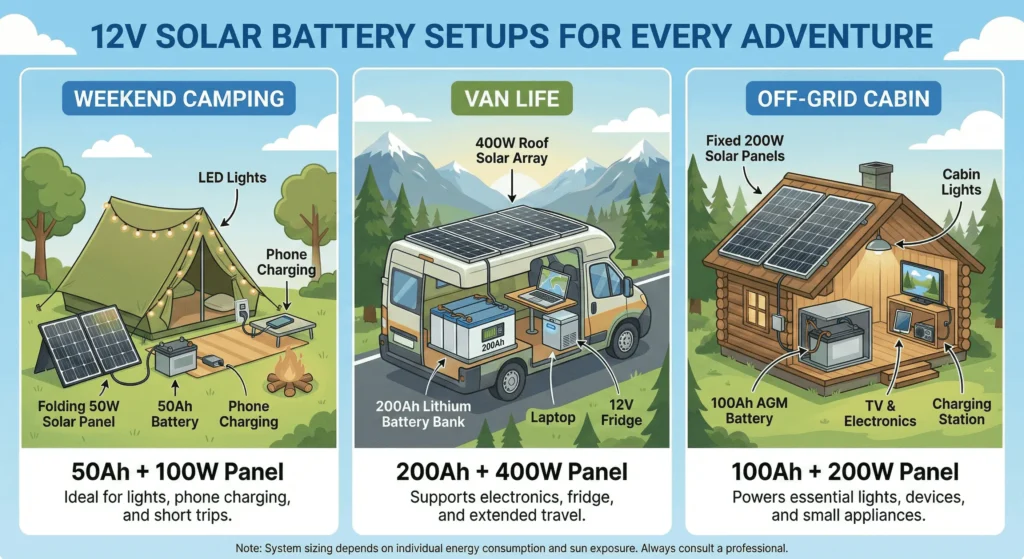 Three different solar panel and 12V battery setup examples showing camping van life and cabin installations with wattage specifications