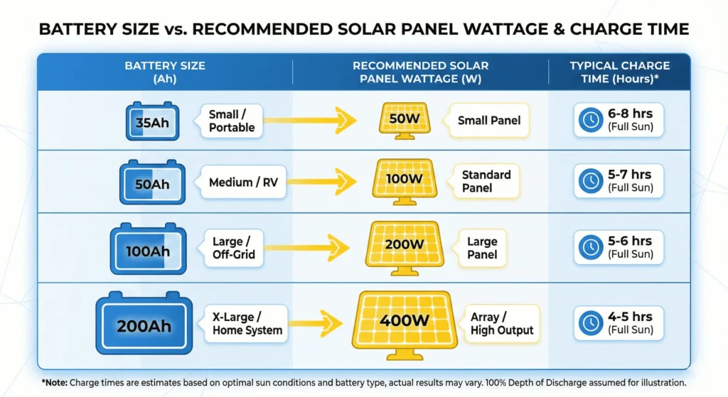 Visual chart showing recommended solar panel wattage for different 12V battery capacities with charge times