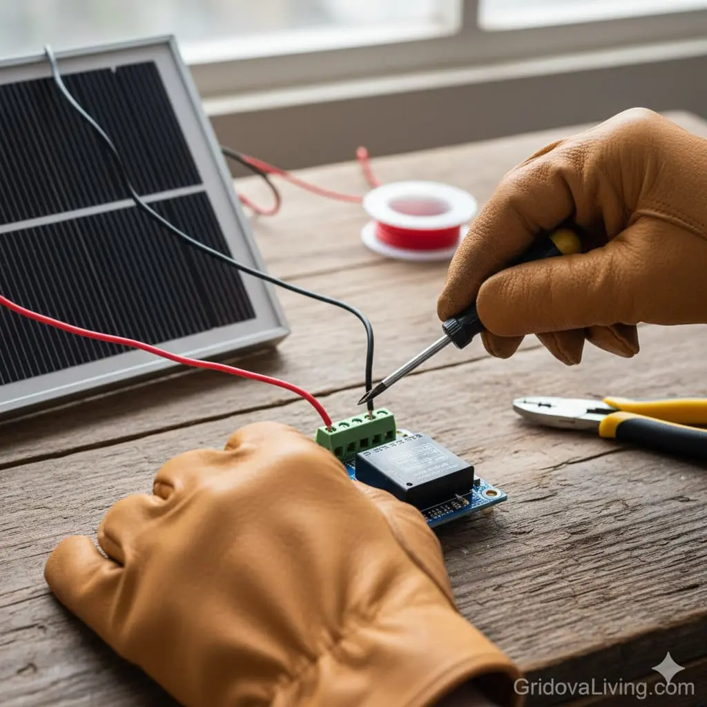 Hands wearing work gloves connecting red and black wires from solar panel to green terminal block on mini solar charge controller, wooden work surface - GridovaLiving.com