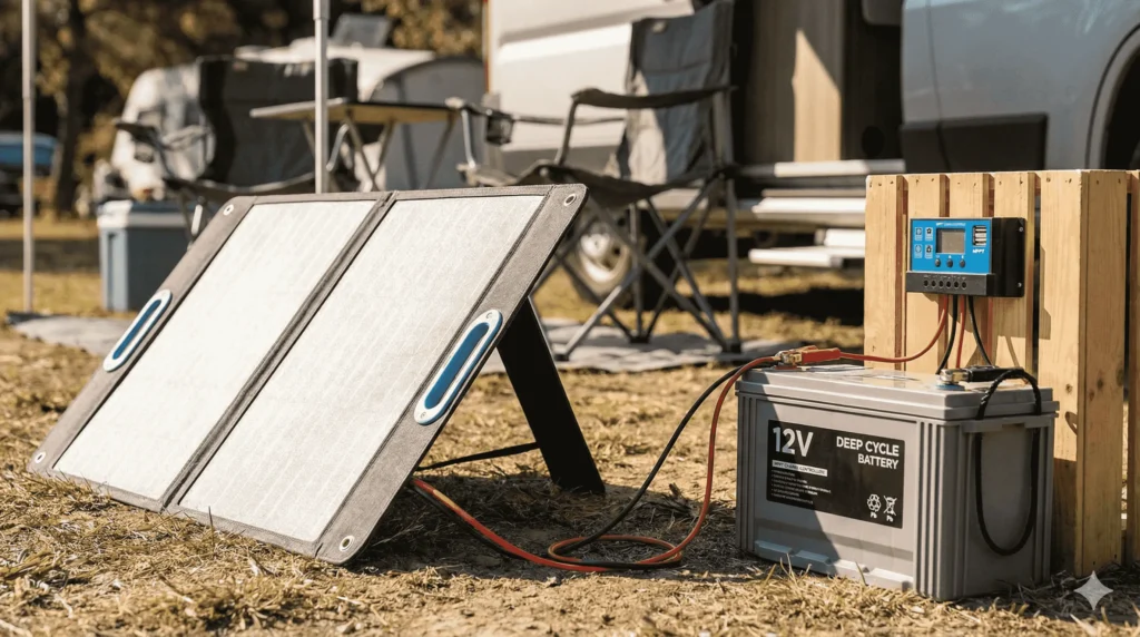 Portable solar panel connected to 12V battery with charge controller showing proper sizing setup