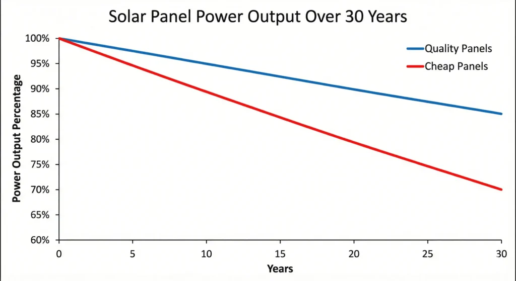 Line graph showing solar panel power output degradation over 30 years comparing quality versus cheap panels