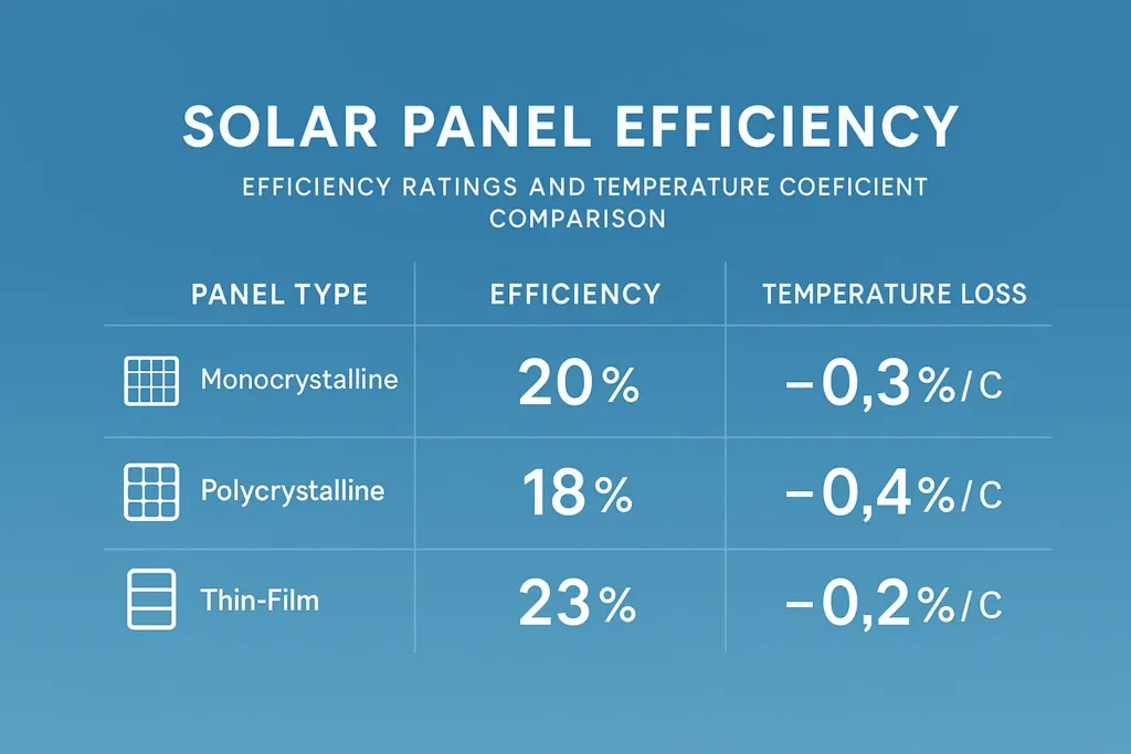 Infographic chart showing solar panel efficiency ratings and temperature coefficient comparison for different panel types 