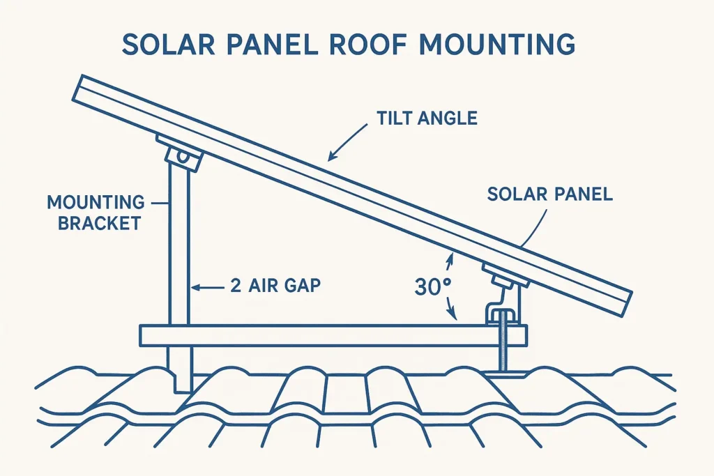 Technical diagram showing proper solar panel roof mounting with air gap spacing and optimal tilt angle for off-grid installation