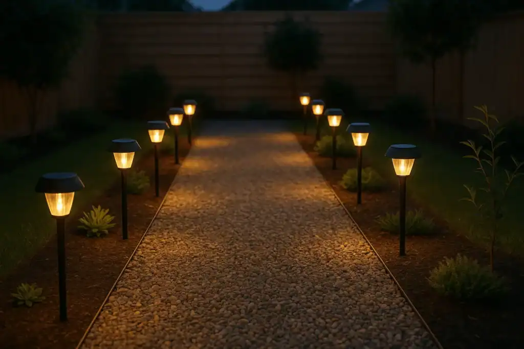 Backyard walkway lined with warm solar stake lights along a gravel path.
