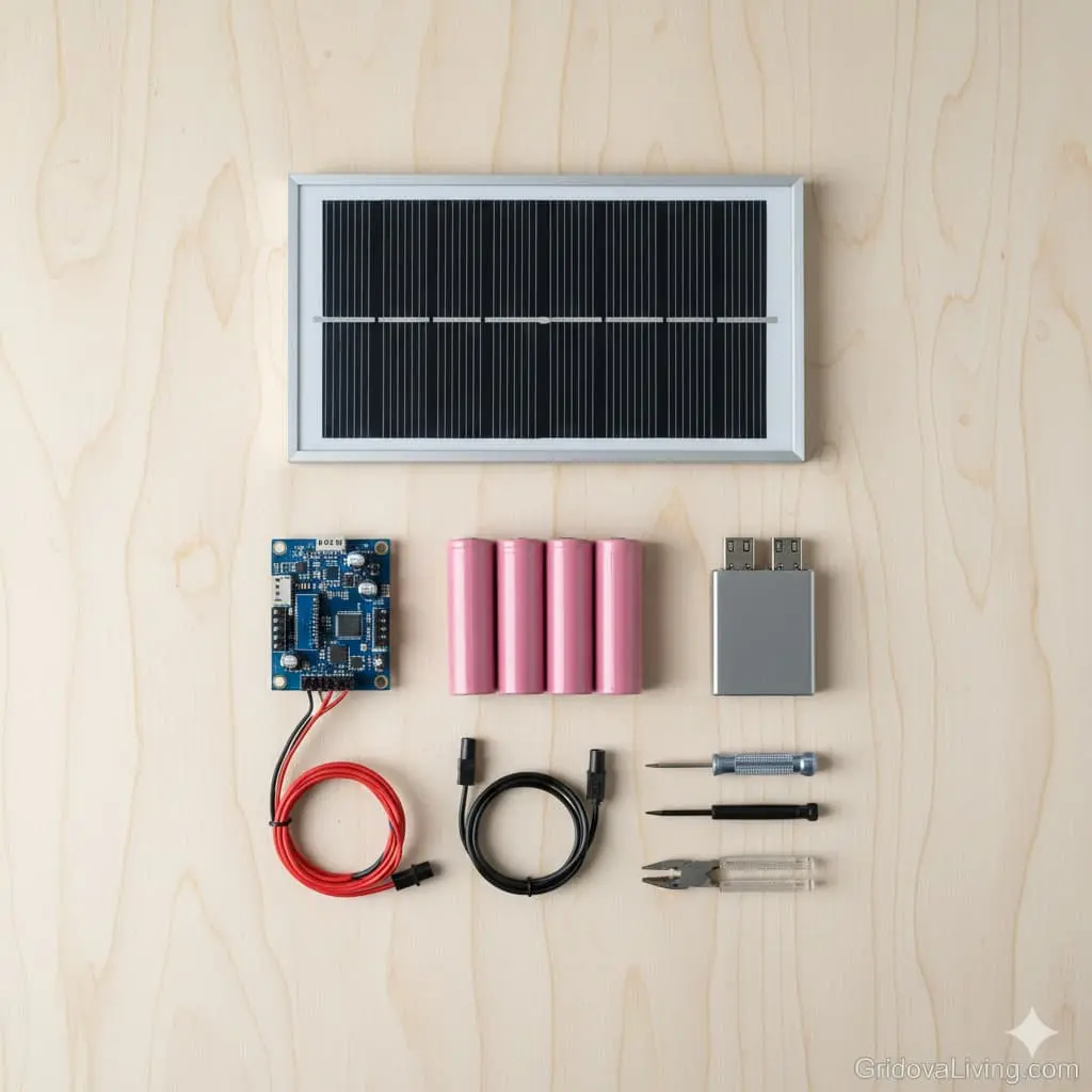 Complete DIY solar power bank component flat lay: 15W solar panel, four 18650 batteries, mini charge controller, USB output module, wiring cables on wooden surface - GridovaLiving.com