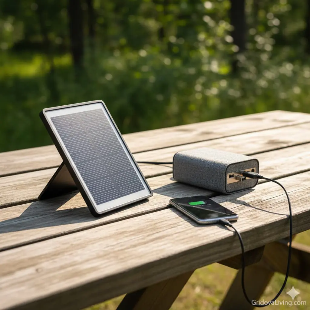 DIY solar power bank with small solar panel in bright sunlight charging smartphone via USB cable on outdoor wooden table, green nature background - GridovaLiving.com
