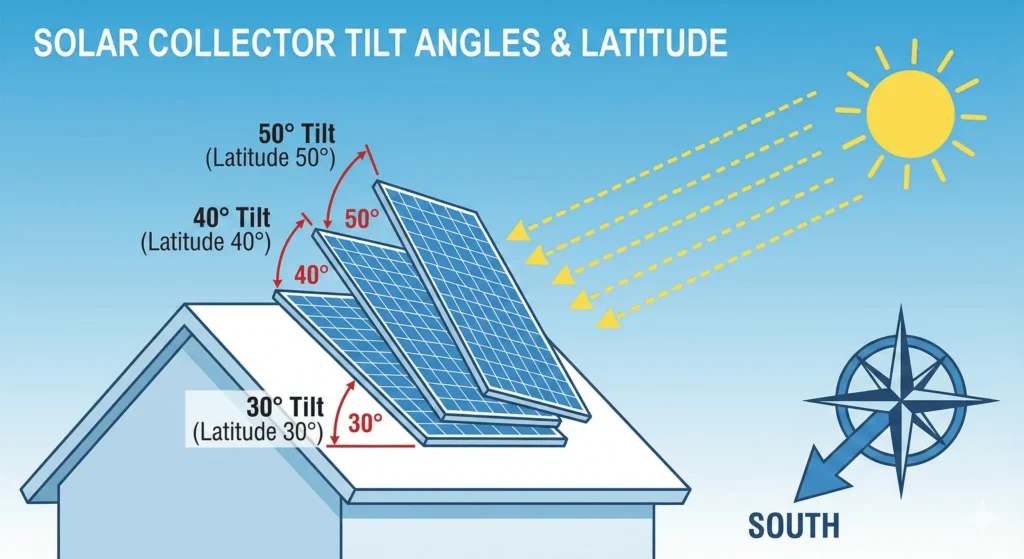 Diagram showing optimal mounting angles for solar water heater installation at different latitudes with seasonal adjustment recommendations