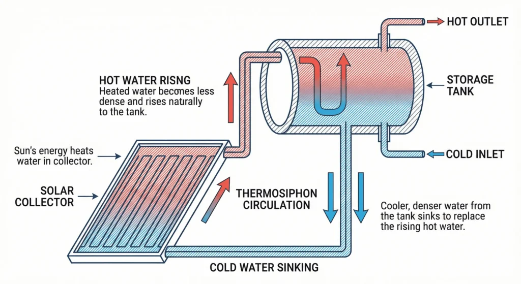 Technical diagram showing thermosiphon circulation in passive solar water heater system with hot water rising and cold water sinking