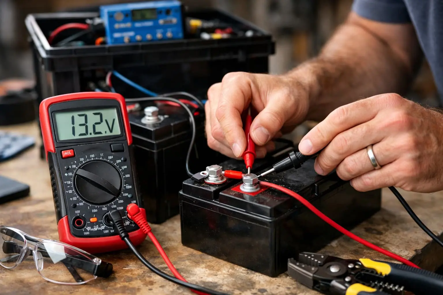Testing DIY solar generator battery voltage with multimeter showing proper 13.2V reading during assembly process