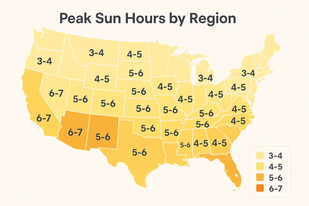 Map of United States showing average peak sun hours by region for solar panel energy production calculations