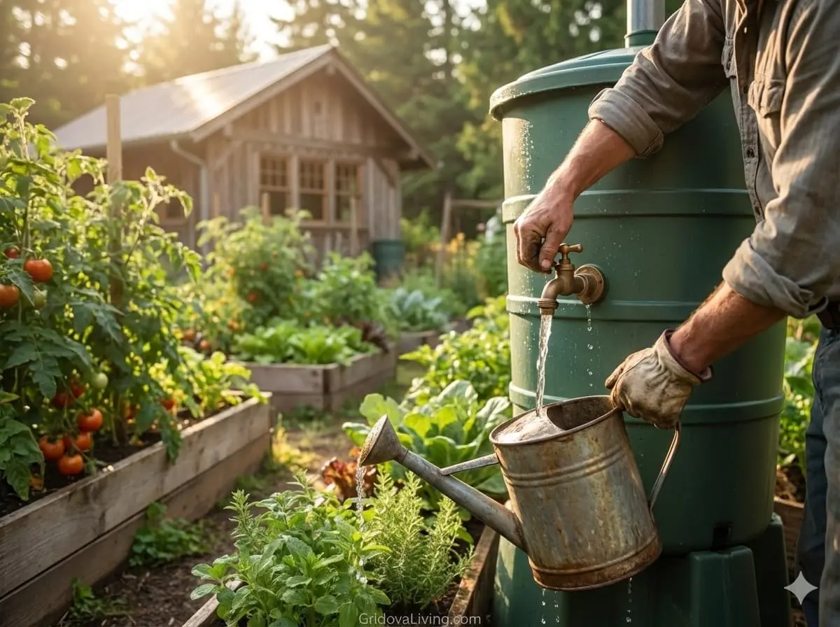 Person filling watering can from rainwater collection barrel for organic garden irrigation at off-grid homestead
