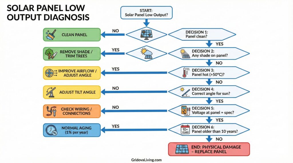 Decision tree flowchart for diagnosing solar panel low output with yes no branches leading to specific fixes