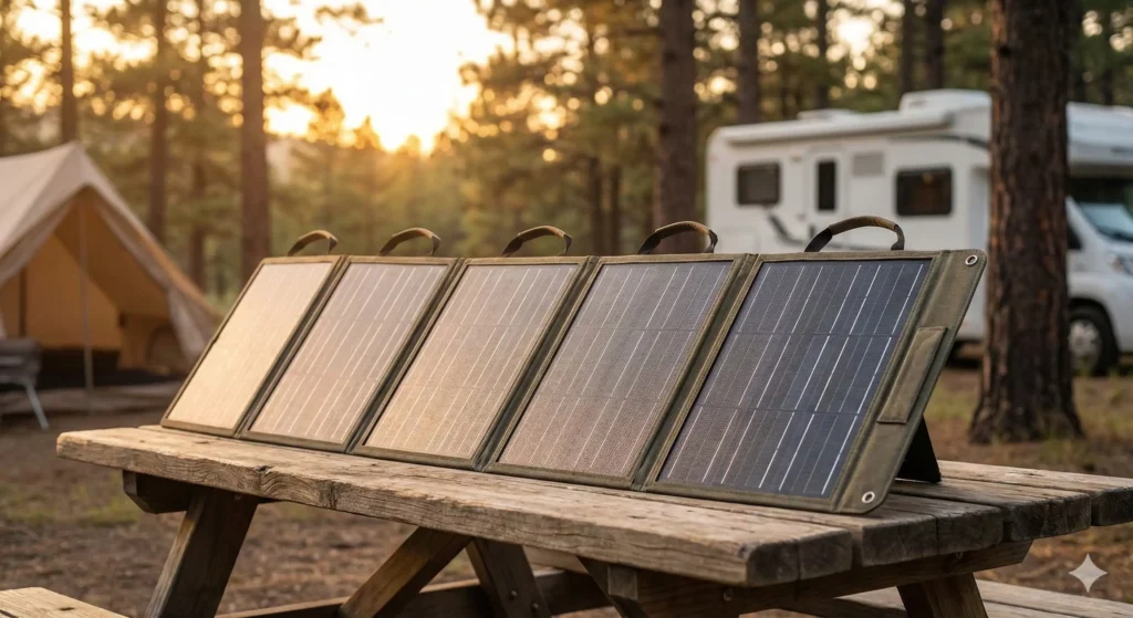 Top 5 portable solar panels for RV and camping compared side by side on camping table