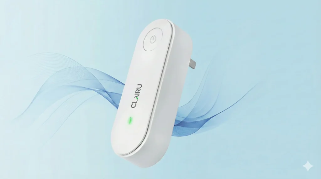 Clairu ionic air purifier white compact device with green LED indicator plugged into wall outlet