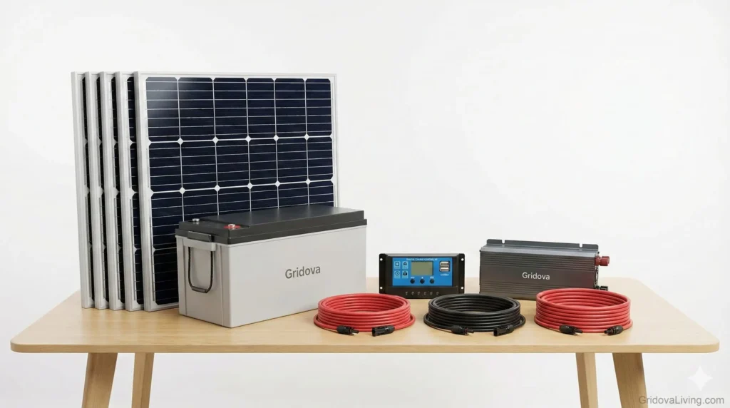 Complete solar kit components laid out showing solar panels battery charge controller inverter and wiring
