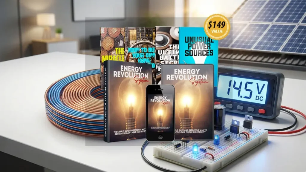 Energy Revolution System DIY Tesla bifilar coil electromagnetic generator with copper wire, capacitors, and components on workbench showing supplemental power generation for home electricity bill reduction