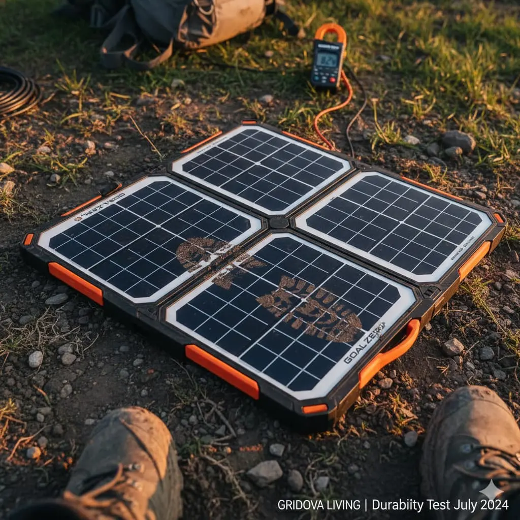 Goal Zero Nomad 100 solar panel with visible boot print on surface after being accidentally stepped on showing no damage or cracks still producing full power output 