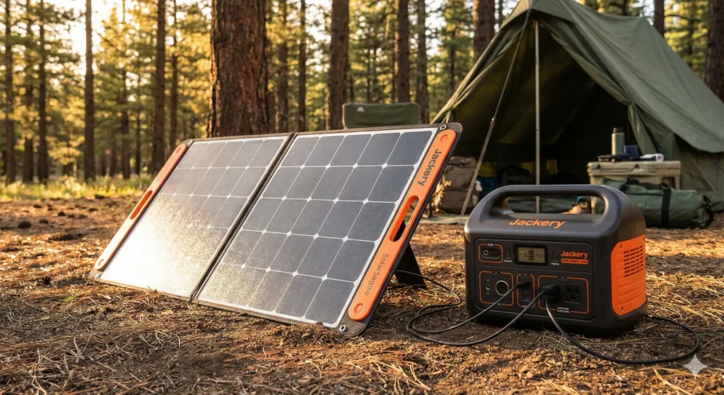 Jackery SolarSaga 200W portable solar panel charging power station at campsite
