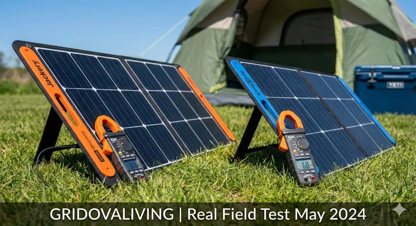 Klein Tools CL800 watt meter showing real power output comparison between Jackery SolarSaga 100W reading 87 watts and Rockpals 100W reading 68 watts during side by side camping test
