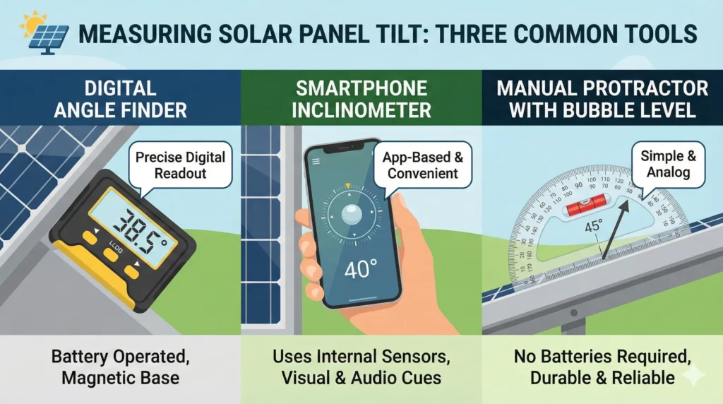 Visual guide showing digital angle finder smartphone inclinometer and manual protractor for measuring solar panel tilt