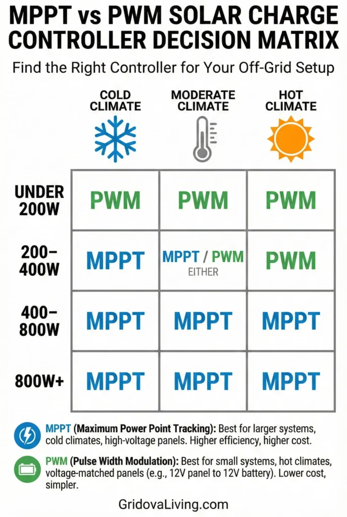 MPPT vs PWM solar charge controller decision matrix based on system size and climate