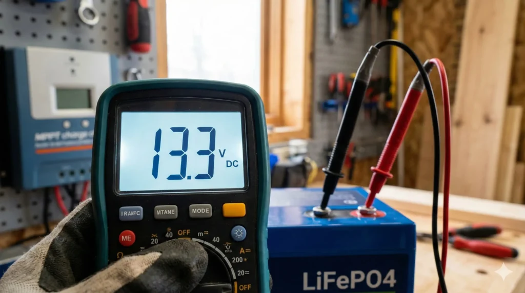 Digital multimeter displaying 13.3V battery voltage during system testing with solar panel actively charging LiFePO4 battery