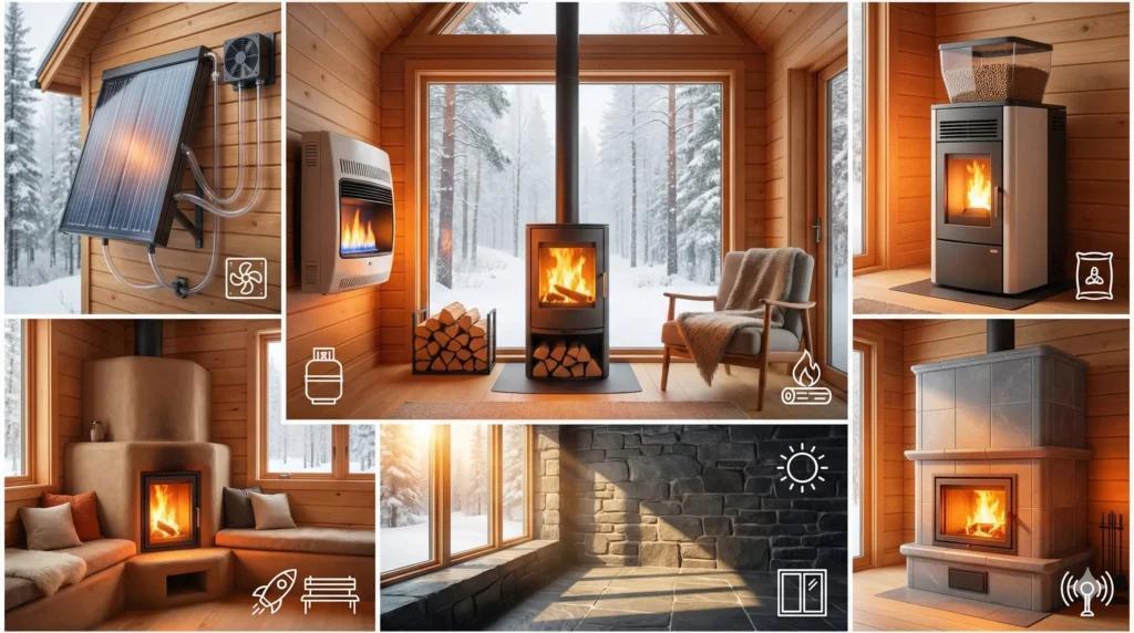 Comparison of off-grid heating methods including wood stove, propane heater, and solar heating in winter cabin setting