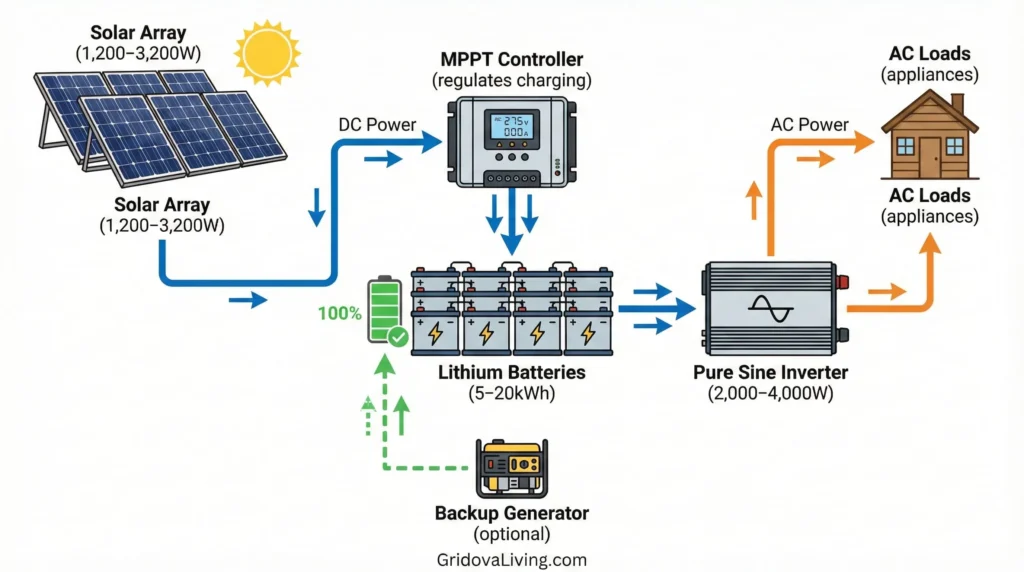 Diagram showing off-grid solar system components including panels charge controller batteries inverter and connections between them
