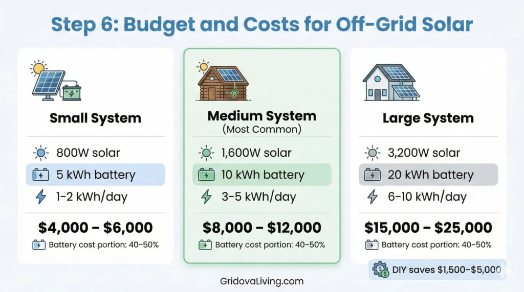 Horizontal infographic showing off-grid solar system costs for small, medium, and large systems including solar panels, battery storage, and total budget ranges