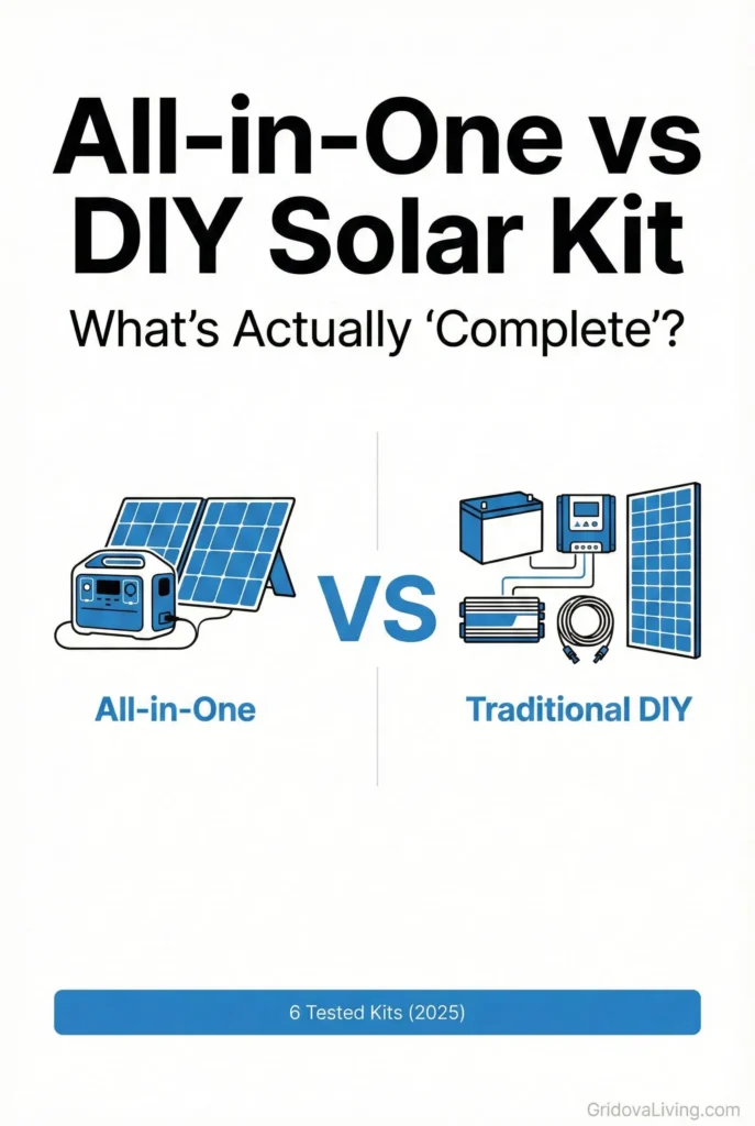Minimal pin comparing all-in-one solar kit versus traditional DIY solar kit components in a clean split layout.