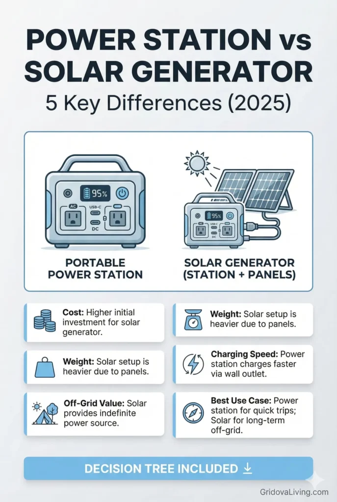 Infographic pin comparing portable power station vs solar generator with 5 key differences: cost, weight, charging speed, off-grid value, and best use case.