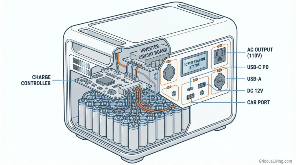 Diagram showing internal components of portable power station including battery cells inverter and charge controller