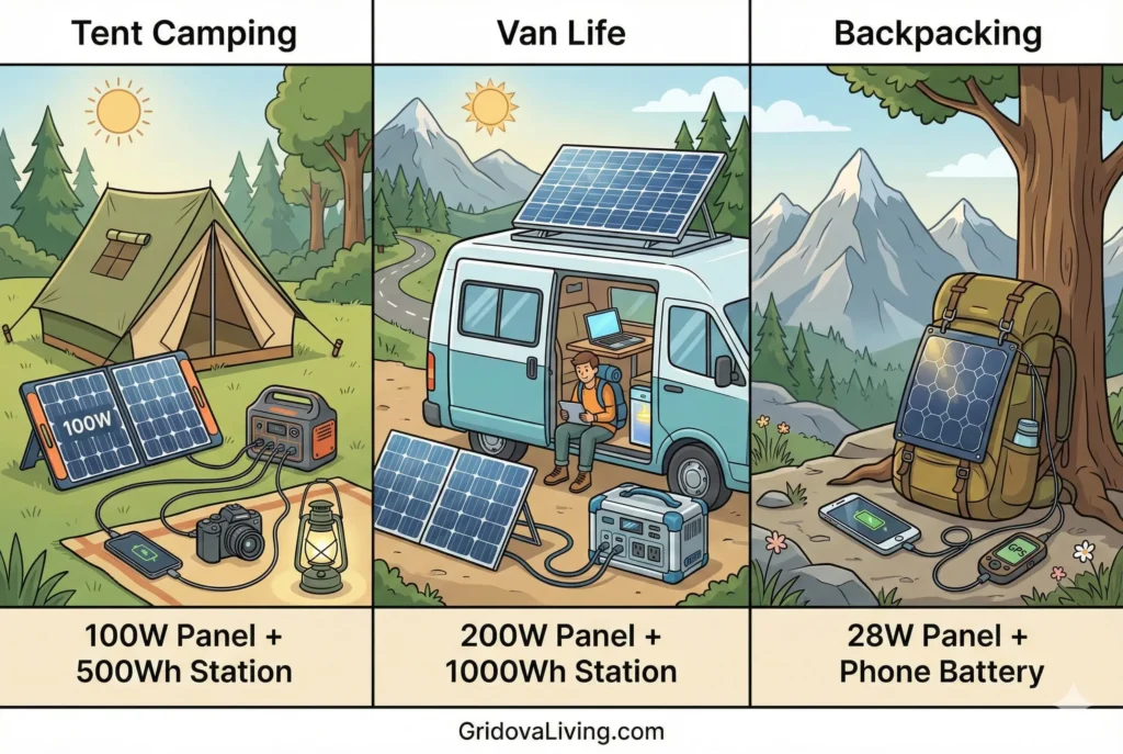 Three camping scenarios showing portable solar panel setups for tent camping van life and backpacking with power stations and devices