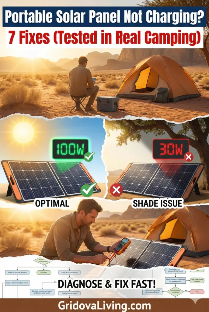 Pinterest infographic titled "Portable Solar Panel Not Charging? 7 Fixes (Tested in Real Camping)". It features a man troubleshooting a foldable solar panel with a multimeter in a desert camping setting, a comparison graphic showing 100W optimal solar output versus 30W output when partially shaded, and a diagnostic flowchart snippet labeled "DIAGNOSE & FIX FAST!".