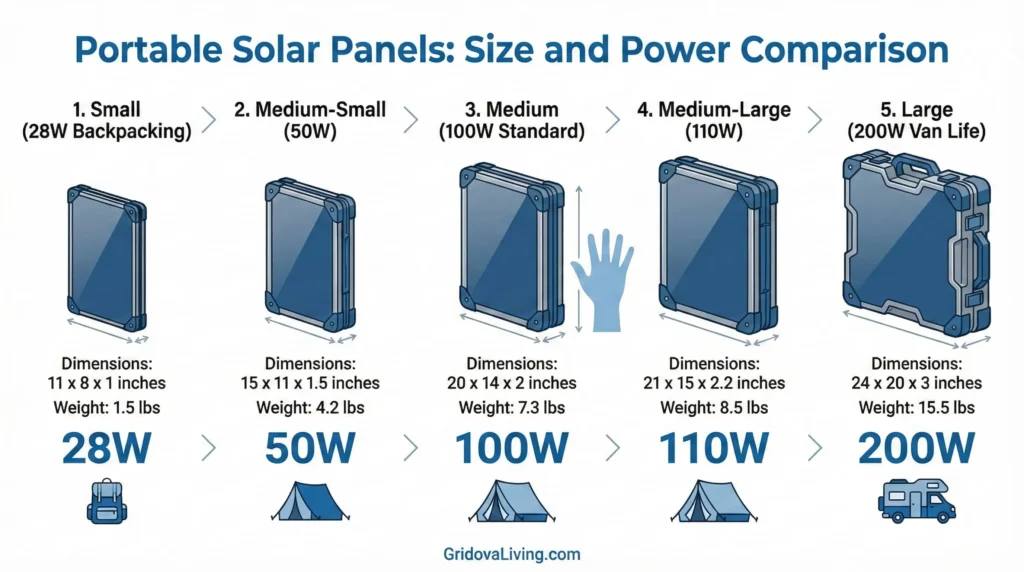 Side by side size comparison showing folded portable solar panels from 28W to 200W with dimensions and weight specifications
