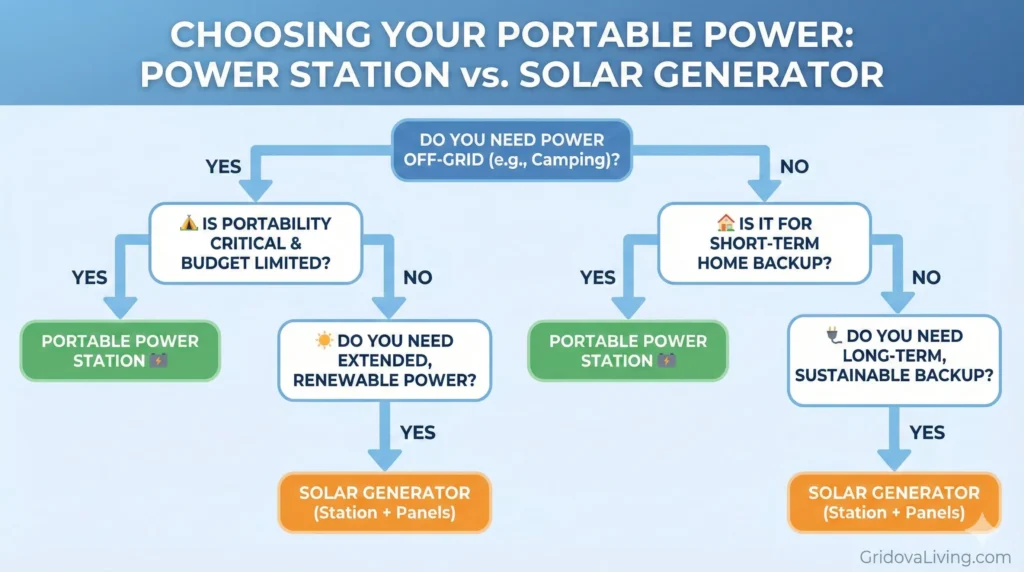 Decision flowchart showing when to choose portable power station versus solar generator based on usage
