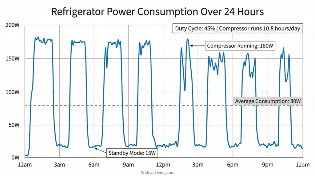 Chart showing refrigerator power consumption over 24 hours with compressor on off cycles and average wattage line