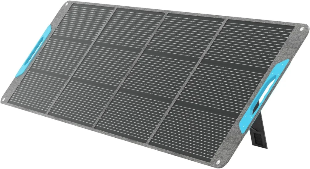 Renogy 200W foldable solar panel with kickstand deployed in outdoor setting