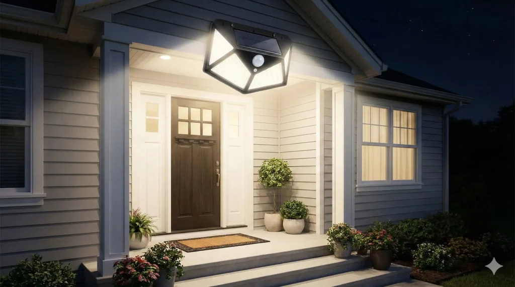 Solar Bright Floodlight installed above a front door providing motion-activated outdoor lighting at night