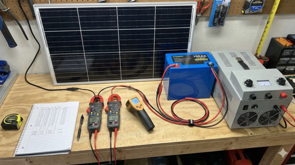 Test bench setup showing 100W solar panel digital power meters temperature sensors and data logger for charge controller efficiency testing