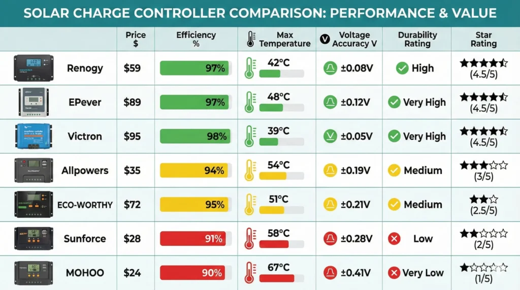 Visual comparison chart showing efficiency ratings temperature performance and durability scores for seven tested solar charge controllers