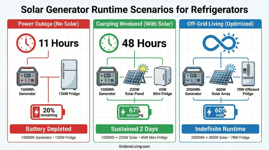 Three scenario comparison showing solar generator runtime for refrigerator in power outage camping and off-grid living with battery and solar panel configurations