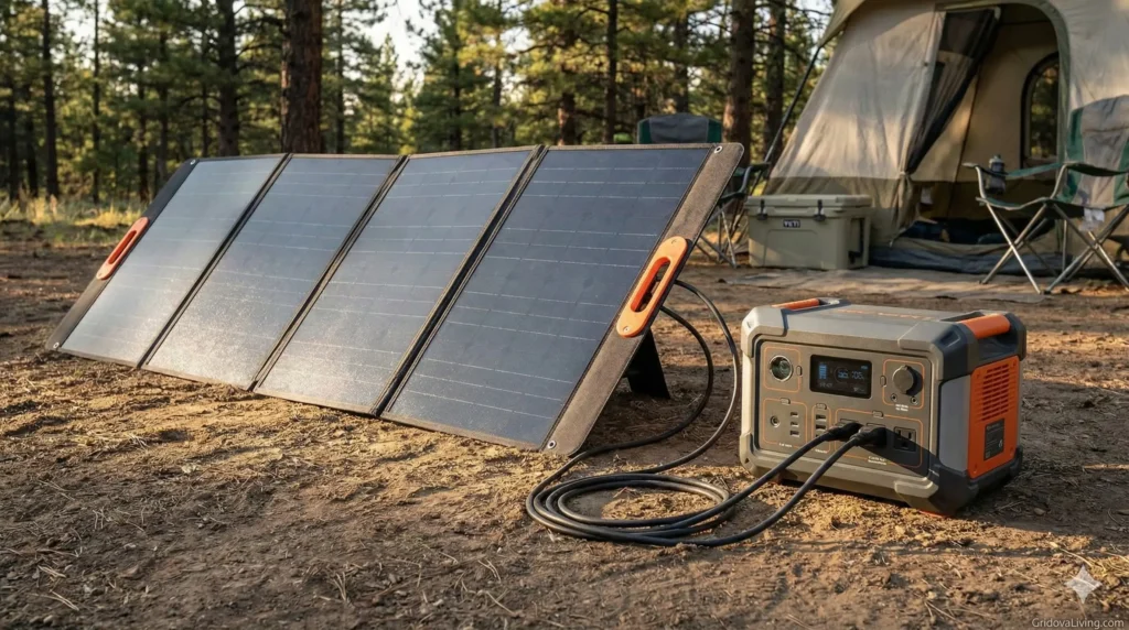 Solar generator with panels deployed at campsite charging portable power station in sunlight