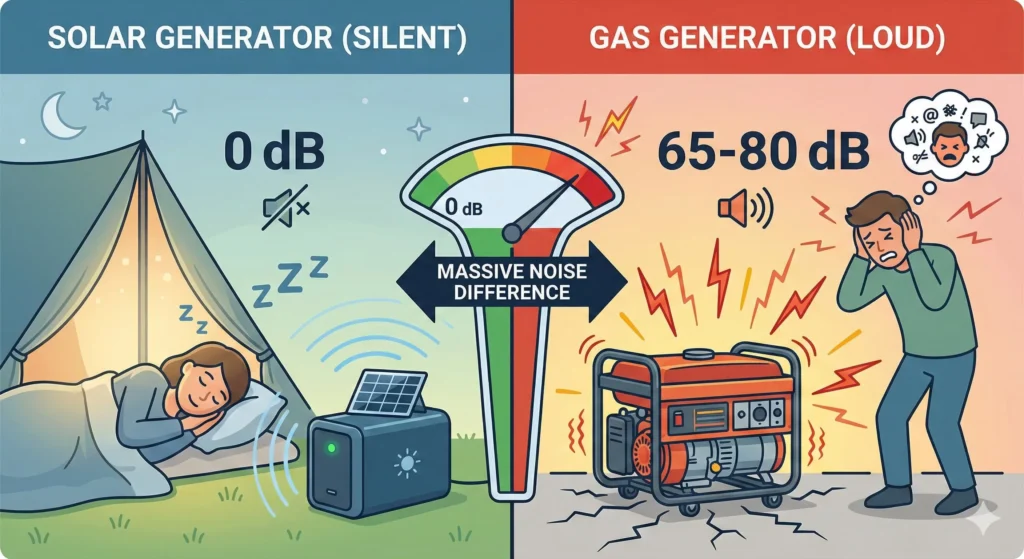 Illustration comparing silent solar generator operation versus noisy gas generator with decibel levels 