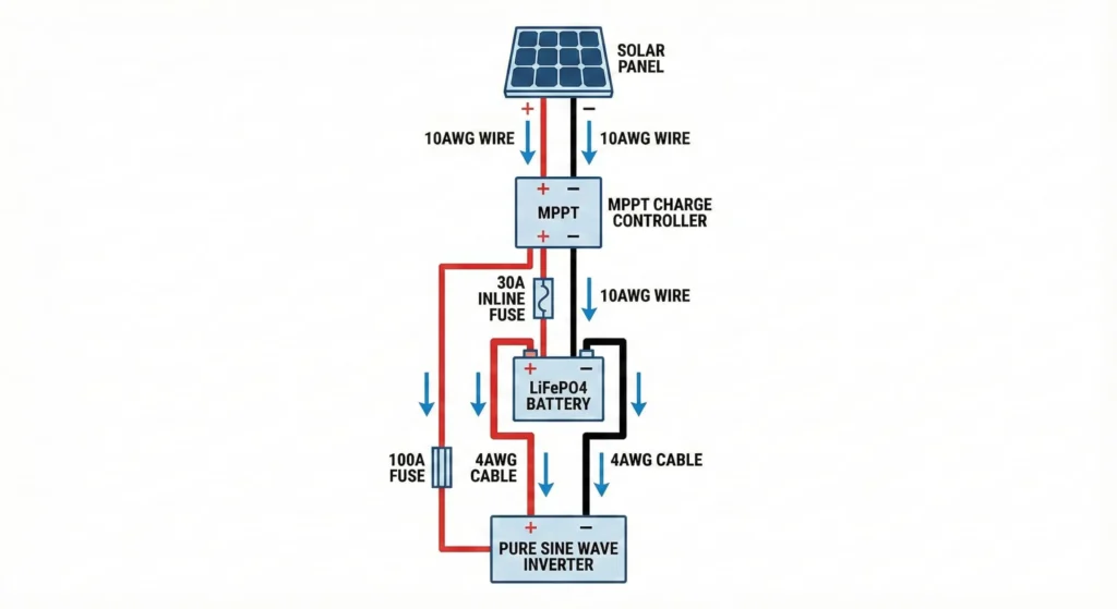 Solar generator wiring diagram showing connections between panel, MPPT charge controller, LiFePO4 battery and pure sine wave inverter with correct polarity