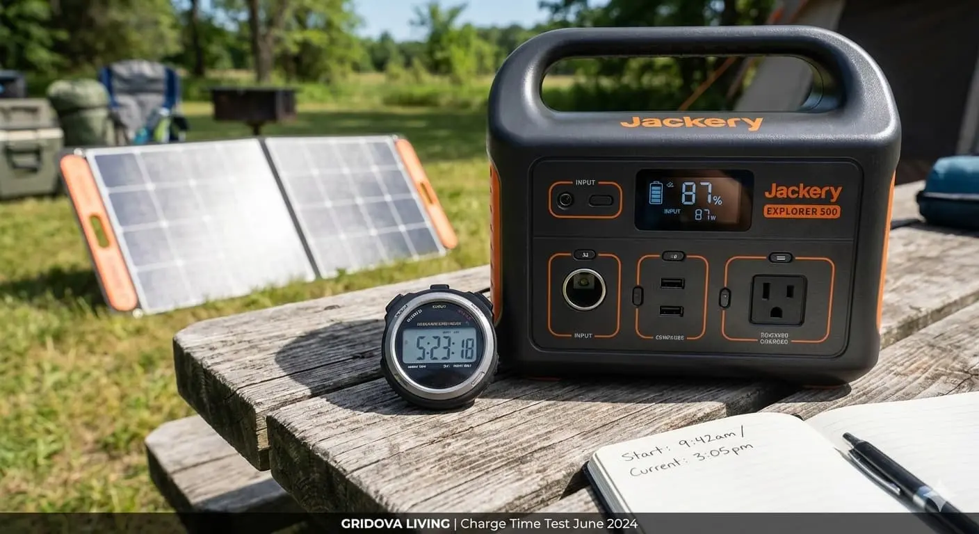 Jackery Explorer 500 power station LCD display showing 87 percent charge with digital stopwatch showing 5 hours 23 minutes elapsed time during solar charging test with Jackery SolarSaga 100W panel
